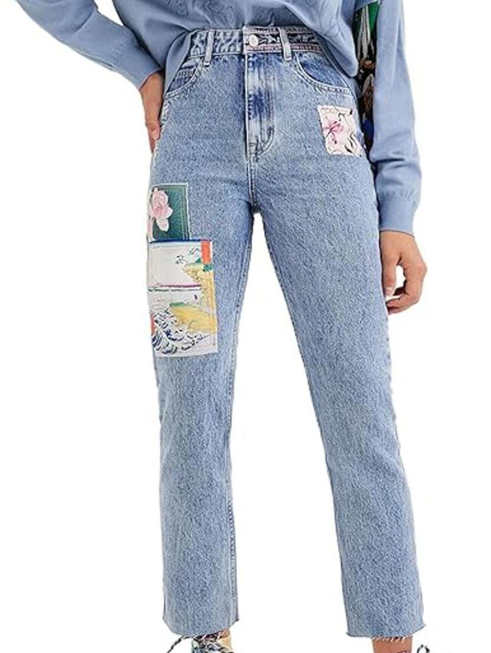 Desigual Straight Cropped Japanese Jeans Blue Floral Patchwork - Size 36